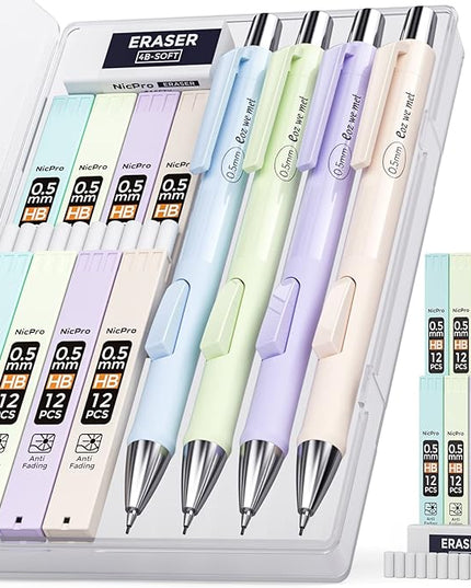 Nicpro 4PCS Pastel Mechanical Pencil 0.5mm, Cute Fast Click Mechanical Pencils Set with 100PCS HB Lead Refills, Erasers and Eraser Refills, Aesthetic School Supplies for Writing, Drawing, Sketching