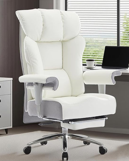 Efomao Big and Tall Office Chair 450LBS with Foot Rest, High Back PU Leather Executive Office Chair with Adjustable Padded Armrests, Lumbar Support for Home or Work, Heavy Duty Computer Chair, White