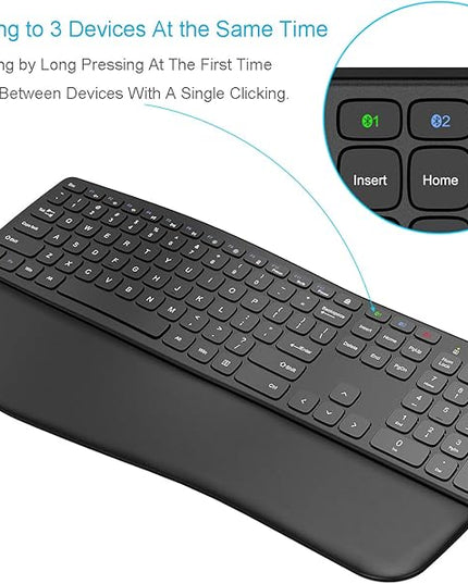 Arteck Bluetooth Keyboard Universal Wave Comfortable Keypad with Palm Rest Multi-Device Full Size Wireless Keyboard for Windows iOS iPad OS Android, Computer Desktop Laptop Surface Tablet Smartphone