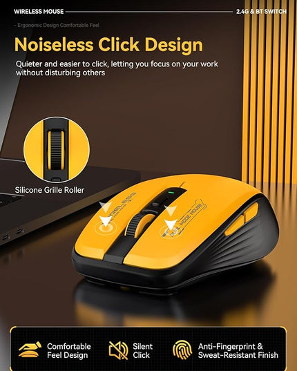Wireless Mouse (Bluetooth & 2.4GHz USB) with Forward/Backward Side Keys, Silent Click, Ergonomic Portable AA Battery Mice for Laptop/Mac/iPad - Office & Travel Use, Yellow & Black
