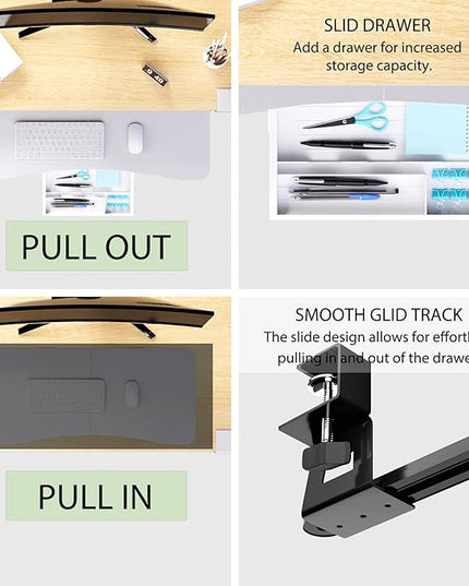Desktop Keyboard Tray, Under Desk Pull Out,25.59" X 11.81" Large Size Radian Keyboard Tray with C-Clip Mount, Easy Installation, Computer Keyboard Stand, for Home Study and Office(White)