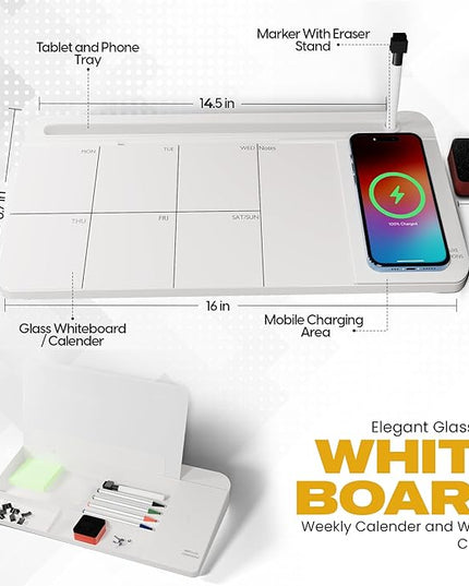 NEXTLUXE Glass Desk Whiteboard with Wireless Charger - Desktop Whiteboard with Storage, Weekly Planner, Dry Erase Pad, Organizer Drawer for Home, School, Office Gadgets – White