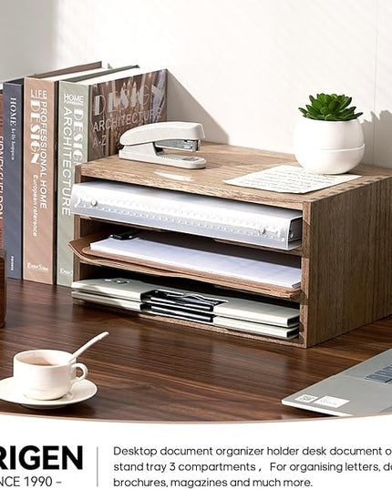 KIRIGEN Wooden Desktop Organizer Paper Storage Letter Tray File Sorter - Desk Rack Magazine File Dividers Holders for Home Office Accessories with 3 Layer Trays Dark Brown (3KWJG-DBR)