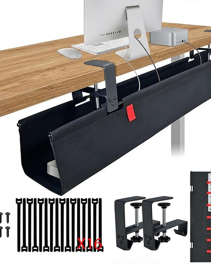 Under Desk Cable Management,No Drill 36",cord organizer,with Silicone Pads (No Scratch!)16 Cable Ties,Washable PE Honeycomb Base,Clamp/Screw Mount-Fits Any Desk 0-2.1",No Stinky Cardboard! Black