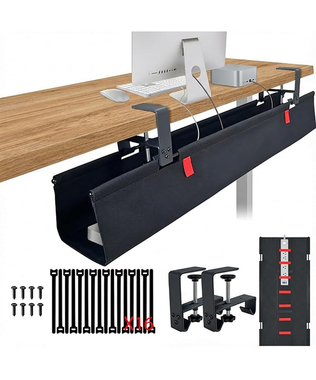 Under Desk Cable Management,No Drill 36",cord organizer,with Silicone Pads (No Scratch!)16 Cable Ties,Washable PE Honeycomb Base,Clamp/Screw Mount-Fits Any Desk 0-2.1",No Stinky Cardboard! Black