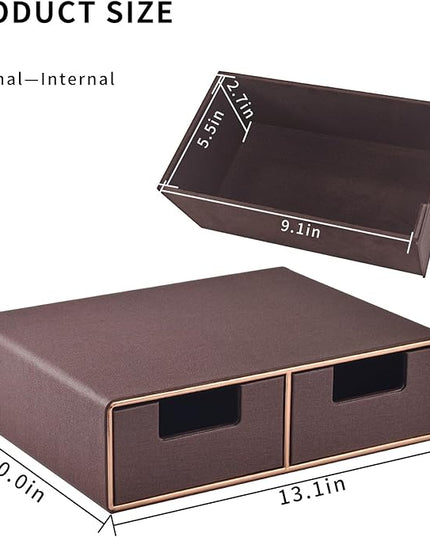 Linen Leather Desk Organizer and monitor stand with Drawers－Mini Desktop Drawer Organizer Stackable－Tabletop Organization Storage Box for Office Supplies Home Vanity Toiletries (Brown, 2-drawers)