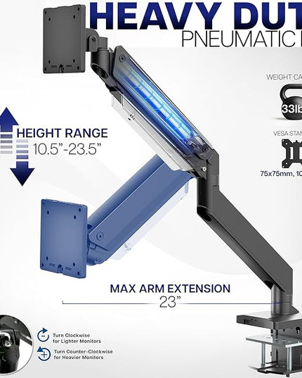 VIVO Premium Aluminum Monitor Arm for Ultrawide Screens up to 49 inches and 33 lbs, Heavy Duty Single Desk Mount, Pneumatic Height, Max VESA 100x100, Black, STAND-V101G1