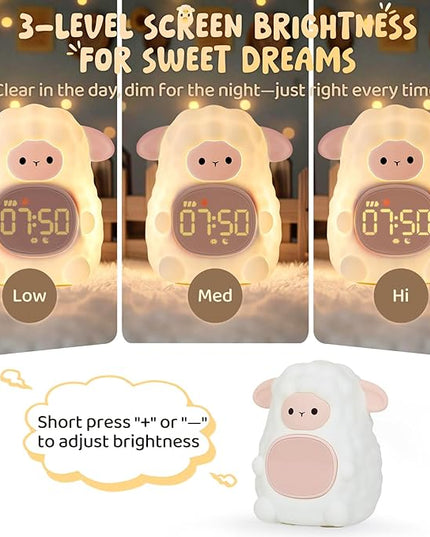 Sheep Alarm Clock with Night Light for Kids with Sleep Training and Sound Machine, Rechargeable Silicone Lamp OK to Wake Clock，Cute Animal Tabletop Lamp, Perfect Sleep Companion for Boys Girls, Pink