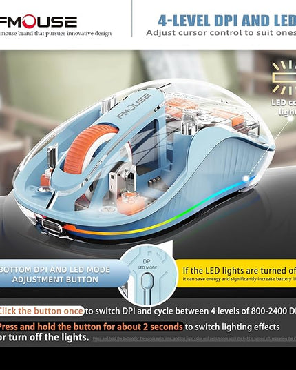 Unique Transparent Wireless Mouse, Dual Bluetooth & 2.4GHz for Multi Device, USB-C Receiver Ideal for MacBook/Laptops, Rechargeable, Silent, Portable, Cool LED, Enhanced Durability - Blue