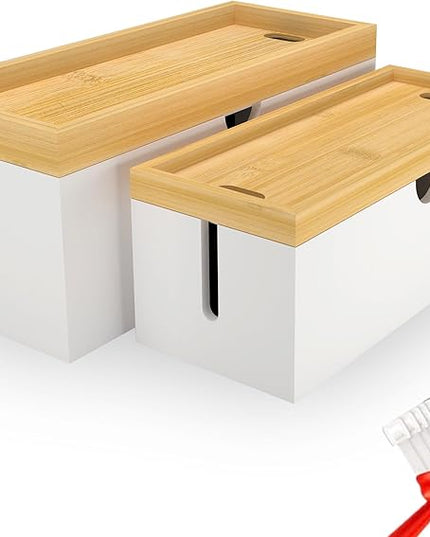 Bamboo Cable Management Box, Large Cord Organizer Box Cable Box to Hide Wires & Power Strips for Desktop Storage Cord Holder for Office Home,No Assembley Required