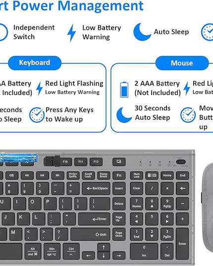 Wireless Keyboard and Mouse, GALENMORO Silent Quiet Combo Low Profile USB C Full Size Compact with Number Pad Flat Soft Touch Cordless for Mac Computer PC Laptop MacBook iMac Office - Black and Gray