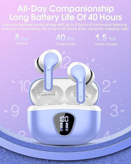 Wireless Earbuds, Bluetooth 5.4 Headphones HiFi Stereo, Bluetooth Earbuds with ENC Noise Cancelling Mic, IP7 Waterproof in Ear Earphones, 48H, LED Display Ear buds for Pad Workout Sports, White Purple