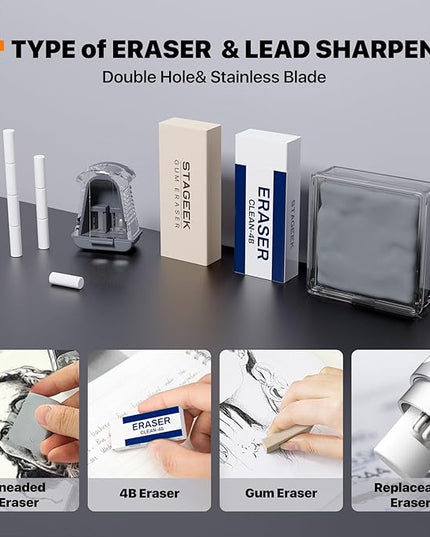 35Pcs Art Mechanical Pencil Set with Case, 0.5 0.7 0.9 2.0 Graphite Metal Drawing Drafting Pencils, Sharpener Erasers 384PCS Lead Refills (6B 4B 2B HB 2H 4H Colors)Pencils for Writing Sketching,Silver