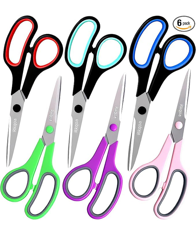 Scissors Set of 6-Pack, Rkqoa 8" All Purpose Scissors Bulk - Thick Sharp Shears for Office School Sewing Craft Fabric Supplies, Classroom Must have, Teacher/Class Scissor, Right/Left Handles