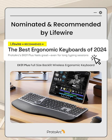 Backlit Bluetooth Ergonomic Keyboard, ProtoArc EK01 Plus Full Size Wireless Split Keyboard with Dual Bluetooth and USB, Cushioned Wrist Rest, Rechargeable for Windows/Mac/Android, Grey Black