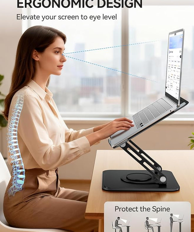 tounee Laptop Stand for Desk, Adjustable Computer Stand Holder with 360° Rotating Base, Ergonomic Laptop Riser Compatible with MacBook Pro Air, All Laptops 10-16"-Black