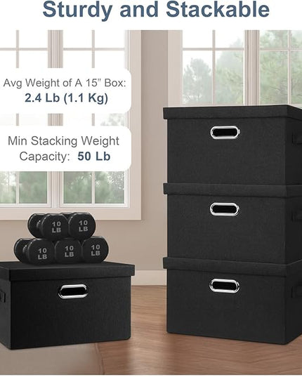 Medium 15" 21 Quart Collapsible Stackable Storage Bins with Lids, 3 Packs Black Foldable Fabric Closet Boxes Heavy-duty Lidded Linen Cube Basket Container Organizer and Storage for Bedroom