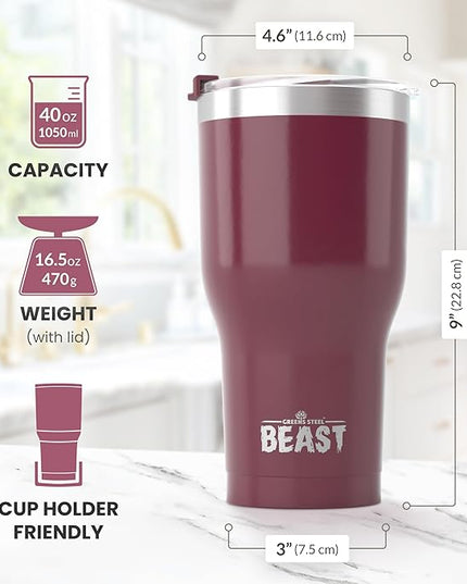 Beast 40 oz Tumbler Stainless Steel Vacuum Insulated Coffee Ice Cup Double Wall Travel Flask (Cranberry Red)