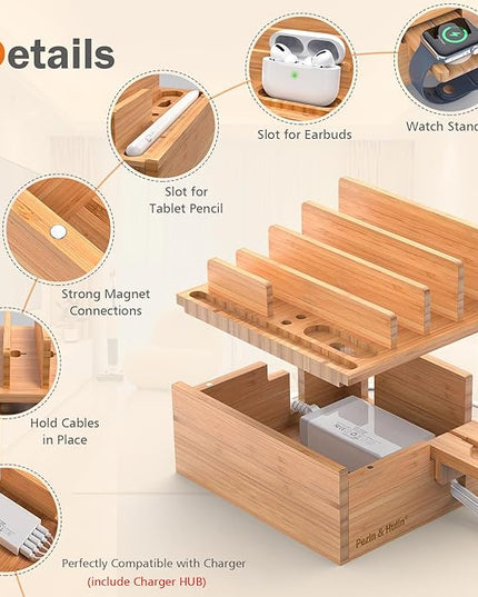 Pezin & Hulin Bamboo Charging Station for Multiple Devices Include 5 Port USB Charger, 5 Cables, Desktop Organizer for Phones, Tablet, Wooden Docking Stations