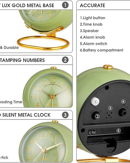 rjuwurv Metal Desk Clock, Retro Bedroom Table Vintage Analog Alarm Clock, Silent Non-Ticking Gold Clock, Bedside Décor(Olive-Green)