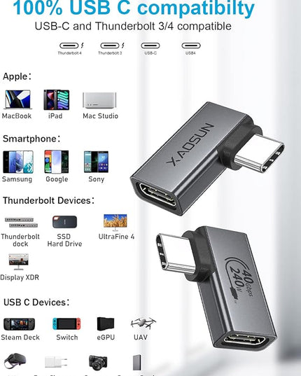 XAOSUN Right Angle USB C Adapter, 90 Degree USB C to C, Thunderbolt 4 for MacBook, Tablet, Docks, Steam Deck (2 Pack)