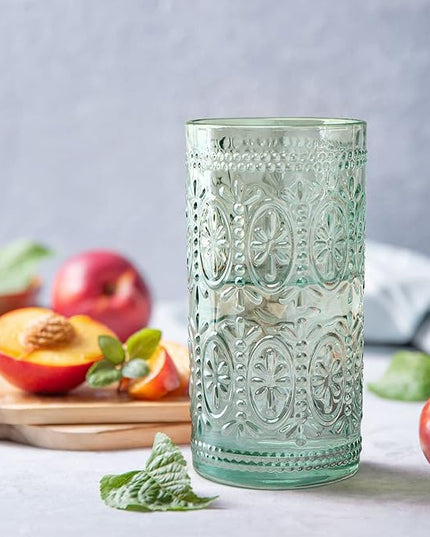 Green Drinking Glasses Set of 4, Vintage Drinking Glasses, Colored Glassware Drinking, Highball Beverage Glasses Cup, Vintage Glassware Set for Water, Juice, Cocktail, Coffee