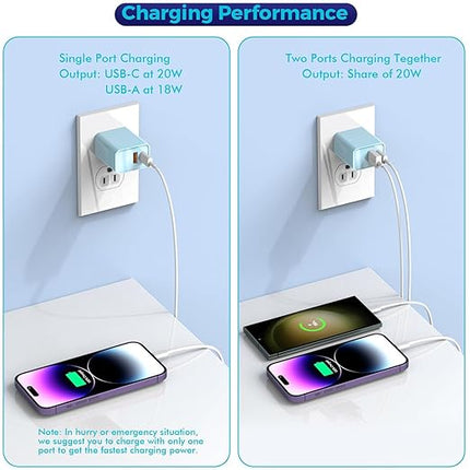 10 Foot Fast iPhone Charging Cable,2Pack 20W Dual Port USB C+A Wall Charger Block with 10FT Type C-C Charging Cable Apple Adapter for iPhone 17/17 Air/17 Pro/16/16e/16 Pro Max/15 Pro/iPad(Purple/Blue)