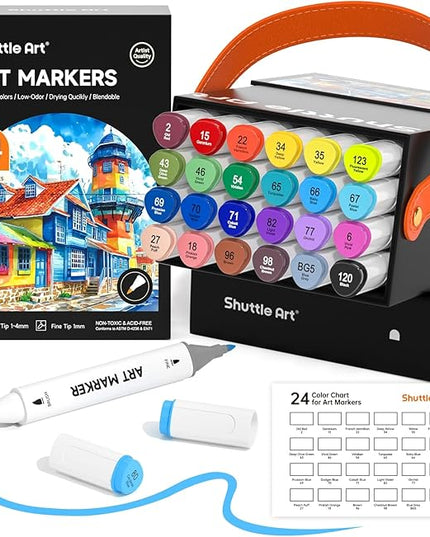 Shuttle Art Brush Tip Alcohol Markers, Dual Tip Brush & Fine Tip Art Marker Set, 24 Colors Marker Pens with Case Perfect for Illustration Kids Students Adults Coloring Sketching