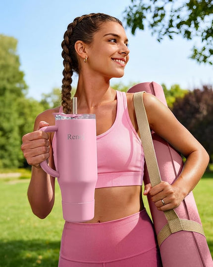 Renoj Tumbler with Handle 100% Leak Proof Insulated Water Bottle for Iced Coffee & Hot Drinks - Fits Car Cup Holder, Ideal Gift, 2 Straws & Silicone Boot BPA-Free - SnapShift Pink 32 oz