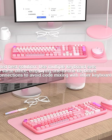 Wireless Keyboard Mouse,104 Full Size Cute Colorful Keyboard and Mouse with Retro Typewriter for PC/Mac/Laptop/Tablet/Computer/Windows/Microsoft, Pink