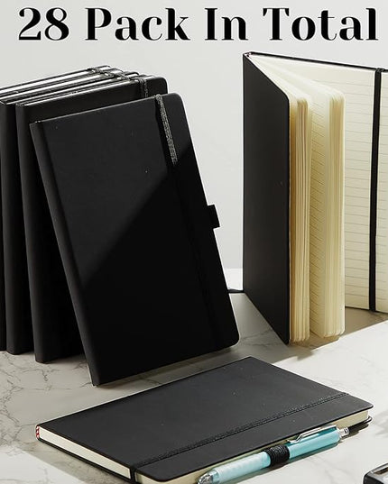 Laumoi 28 Pack PU Leather Lined Notebook Journal Bulk A5 Hardcover Notebook College Ruled 5.5 x 8.2 Inch Journal with Pen Holder for School Business Work Writing(Black,Simple)