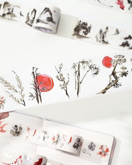 WT Ink Tranquility Washi Tape Sticker Set, 4 Rolls, Original Designs, Eastern Watercolor Koi Fish, Black & Red, Silver Foil Decorative Stickers for Bujo, Planner, Journals, DIY Crafts
