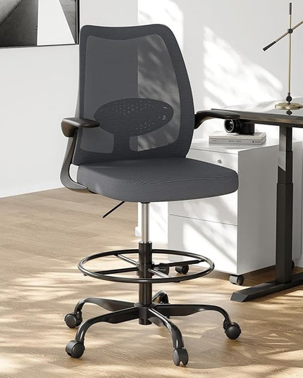 Drafting Chair,Tall Office Chair with Adjustable Footrest Ring,Lumbar Support,Ergonomic High Desk Seat,Flip-Up Armrests,Breathable Mesh Standing Stool for Home Office,Grey
