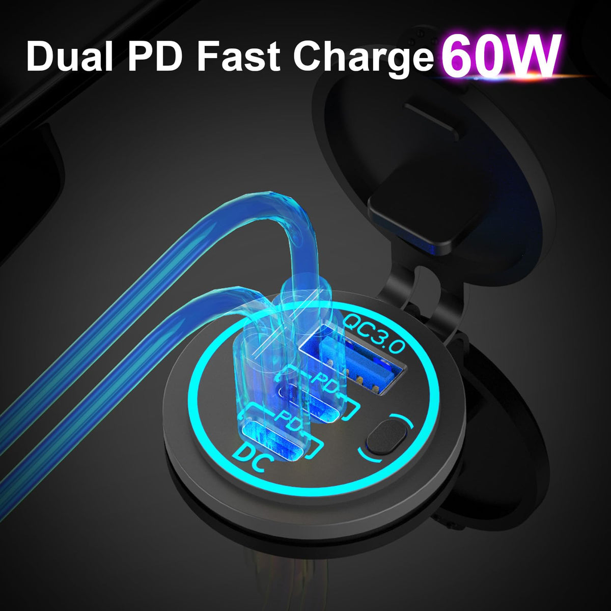 USB C Car Charger Socket 12V USB Outlet, 78W Dual 30W PD and 18W QC3.0 Multi Port Cylinder Charger with Button Switch Waterproof for Car Boat RV Marine Golf Cart Truck Bus Motorcycle etc.