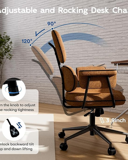 Fabric Office Chair with Granular Linen, Mid Back Vintage Desk Chair with Wheels and Wide Arms, Mid Century Modern Home Office Desk Chairs with Memory Foam Seat Cushion, Adjustable Height, Brown