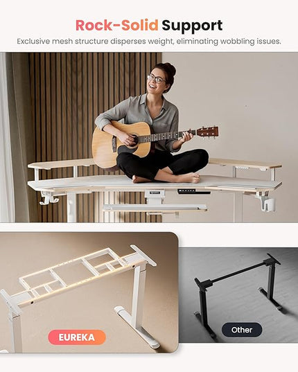 EUREKA ERGONOMIC Standing Desk with Keyboard Tray, Large Music Studio Gaming Desk, Wing Shaped Sit Stand Table 72'', LED Convertible Shelves, Dual Motor&Slot, Maple