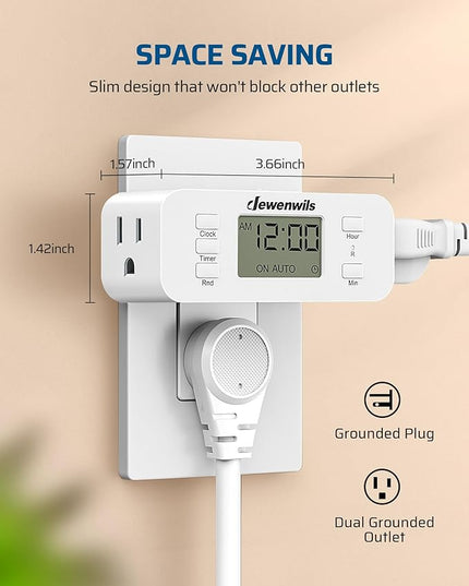 DEWENWILS 24 Hour Programmable Digital Timer Outlet, 2 Pack Timers for Electrical Outlets, Indoor Light Timers for Lamp Fan Aquarium, 2 Grounded Outlet, 125V/15A Resistive/1000W Tungsten, 3 Prong