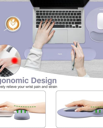 MOSISO Wrist Rest for Keyboard Mouse Pad Set, Large Gaming Deskpad&Circle Curved Mousepad&Keyboard Wrist Rest&Coaster, Ergonomic Non-Slip Mousepad&Easy Typing Pad with Silicone Lining, Lavender Gray