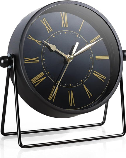 AYRELY® Vintage Black Metal Desk Clock,Battery Operated Mantel Clocks, Decorative Table Clocks with Adjustable Angle for Fireplace Farmhouse Shelf Living Room Décor (Black/Gold)