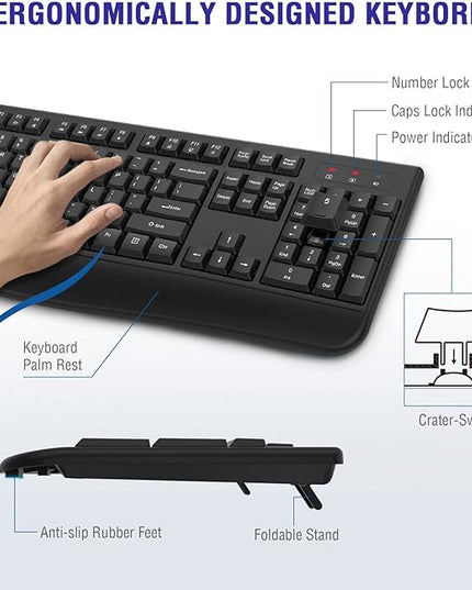 QUASIO Wireless Keyboard, 2.4G Full-Sized Ergonomic Wireless Computer Keyboard with Wrist Rest for Windows, Mac OS Laptop/PC/Desktop/Notebook(Black)