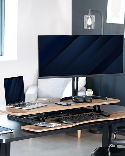 VIVO 42 inch Desk Converter, K Series, Height Adjustable Sit to Stand Riser, Dual Monitor and Laptop Workstation with Wide Keyboard Tray, Reclaimed Wood Top, Black Frame, DESK-V042KP