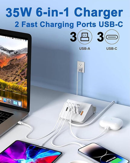 VHBW USB C Charger Block,6 Port 3A and 3C Multiple USB Charging Station,35W Fast USB C Charging Plug for iPhone 15/15pro/14/13/12,Samsung Galaxy S23/S22/S21,etc(6USB-3A3C-White)