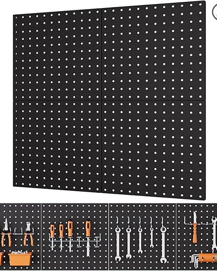 INCLY 4 Pack 12"x12" Black Metal Pegboard Panels, Heavy Duty Pegboard Wall Organizer with Frame, Black Peg Board for Walls, Garage, Workbench, Shed, Kitchen, Craft Room Tool Organization