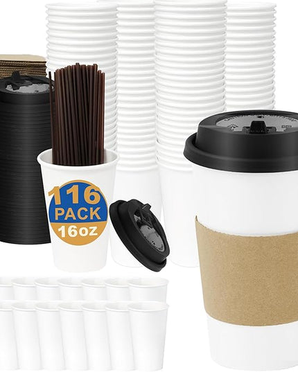 16 oz Coffee Cups + 16 Extra Cups Bulk Disposable To-Go Paper Cups with Lids and Sleeves for Hot Beverage, Chocolate, Cocoa, Office Supplies, Coffee Bar Accessories (100 Pack + 16 Extra Cups, White)