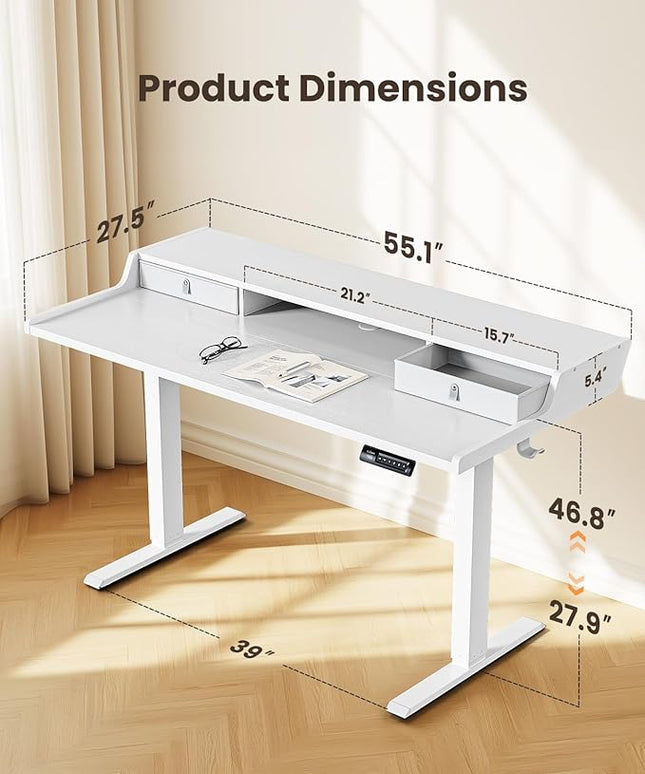ErGear Electric Standing Desk with Drawers, 55″ x 28″ Gaming Table Compatible Monitor Stand, Stand up Desks, Home Office Height-Adjustable Desk with Storage Shelf, 4 Preset Heights, White