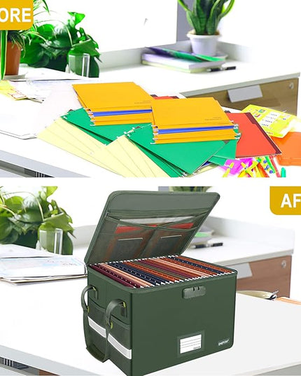 ENGPOW File Box with Lock, Fireproof Document Box with Zipper Lid, Collapsible File Storage Organizer Filing Cabinet with Handle, Portable Home Office Safe for Hanging Letter/Legal Folders, Green