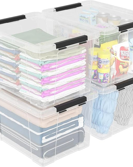 50 Quart Clear Storage Latching Bin with Lid, Large Plastic Storage Box with Wheels, 4 Packs