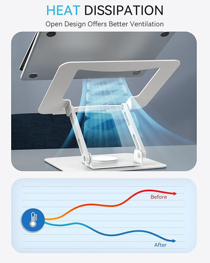 SOUNDANCE Laptop Stand with 360° Rotating Base, Ergonomic Computer Riser for Desk, Adjutable Height Muti-Angle, Foldable Laptop Mount, Stable Metal Holder Support 10-15.6" Notebook PC, White