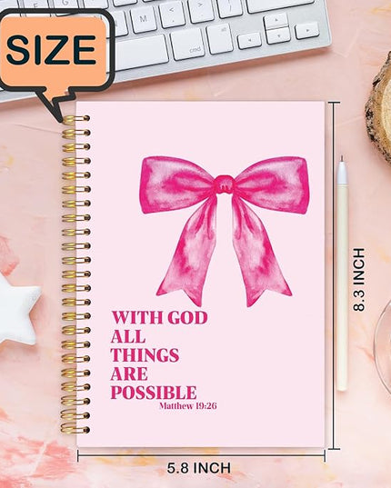 FDHSPAAM Coquette Pink Bow Christian Spiral Journal Notebook 5.5x8.3in, with God All Things Are Possible Inspirational Prayer Journal for Woman, Inspirational Bible Notebooks for Note Taking