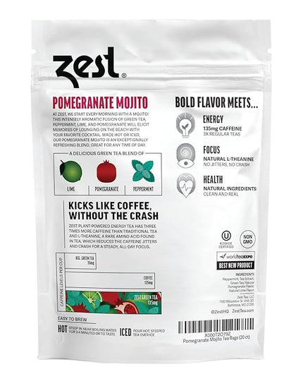 Zest Energy Green Tea – Pomegranate Mojito High Caffeine Tea Bags for Focus & Morning Energy – Natural Caffeinated Tea with 135mg Caffeine – Coffee Substitute – 20Ct Pack, Non-GMO & Keto Friendly